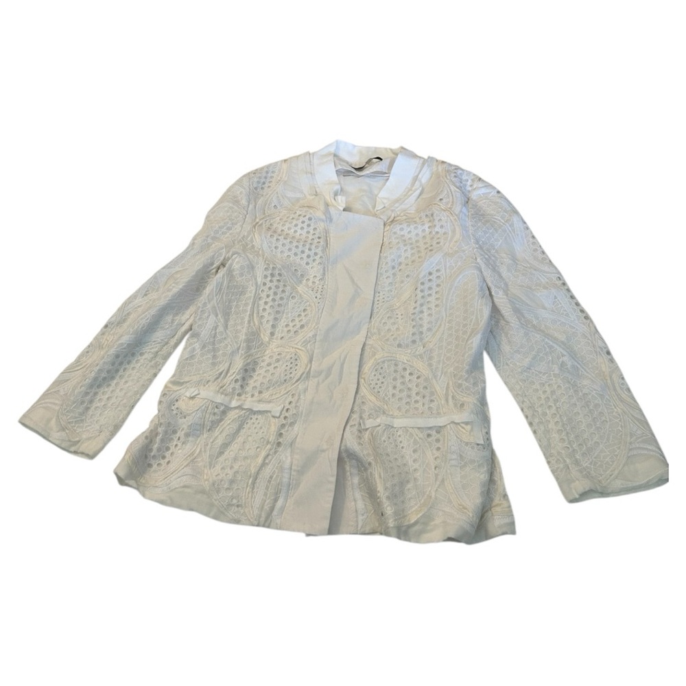 Elie Tahari white lace eyelet mandarin collar snap button jacket
